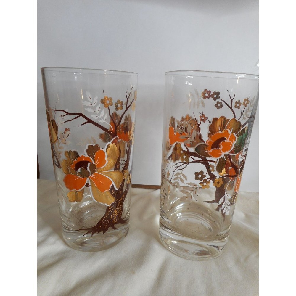 2 Vintage Culver Asian Lotus Tree Orange 22K gold floral Glasses #2